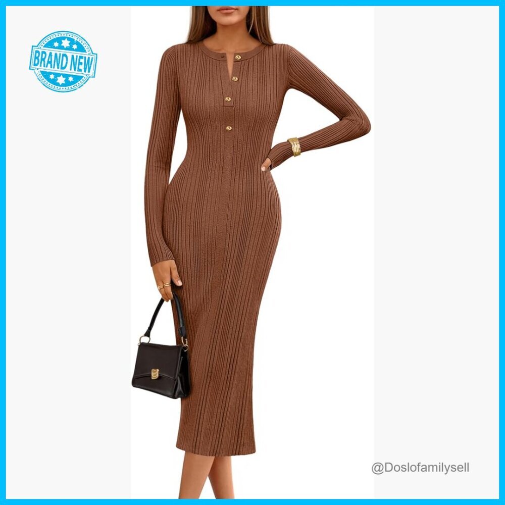 Ribbed Knit Bodycon Sweater Dress Long Sleeve Button Front Midi Maxi